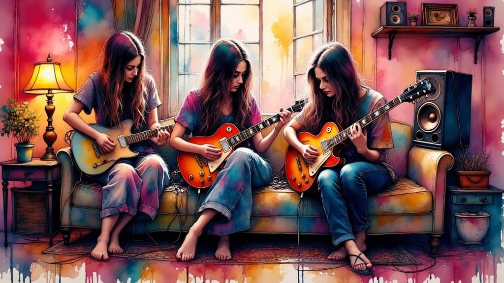 Ink Splattered Young Musicians in Vibrant Living Room