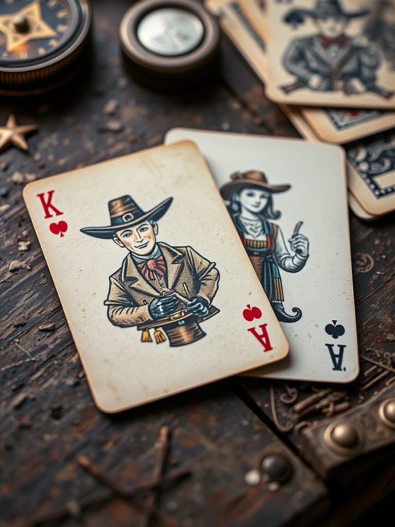 Vintage Western Sheriff Playing Cards on Cluttered Table