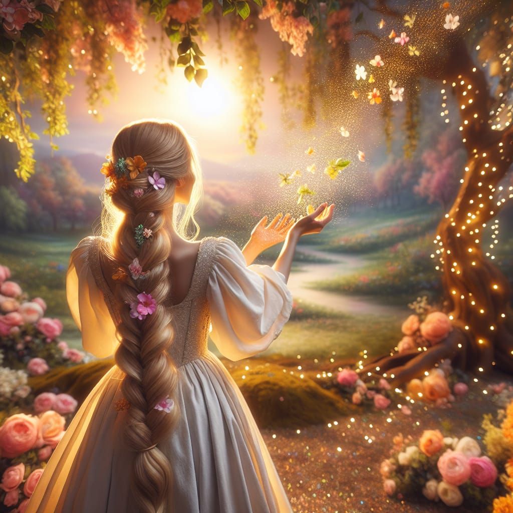 Fairytale Lady Scattering Blossoms in Dreamy Landscape