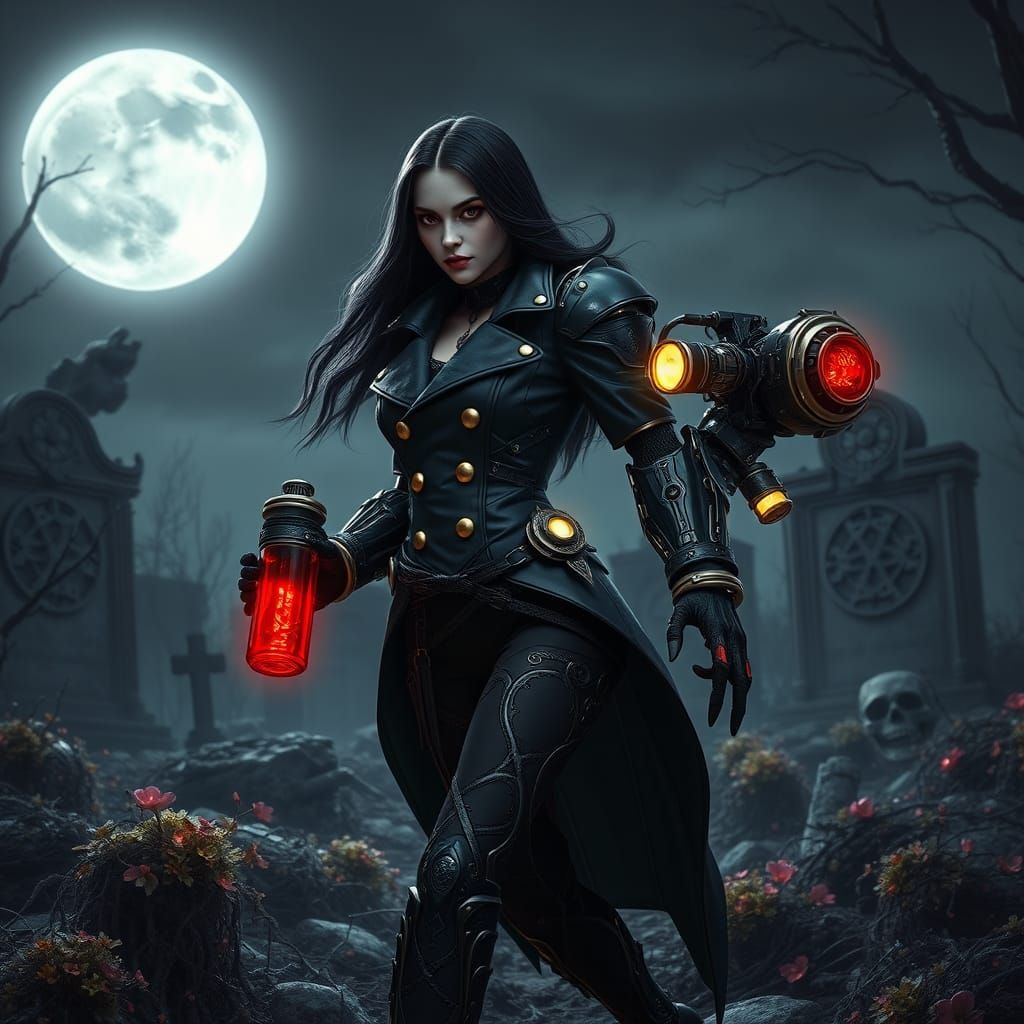 Gothic Vampire Cyborg Pilots Bioluminescent Mech Suit Throug...