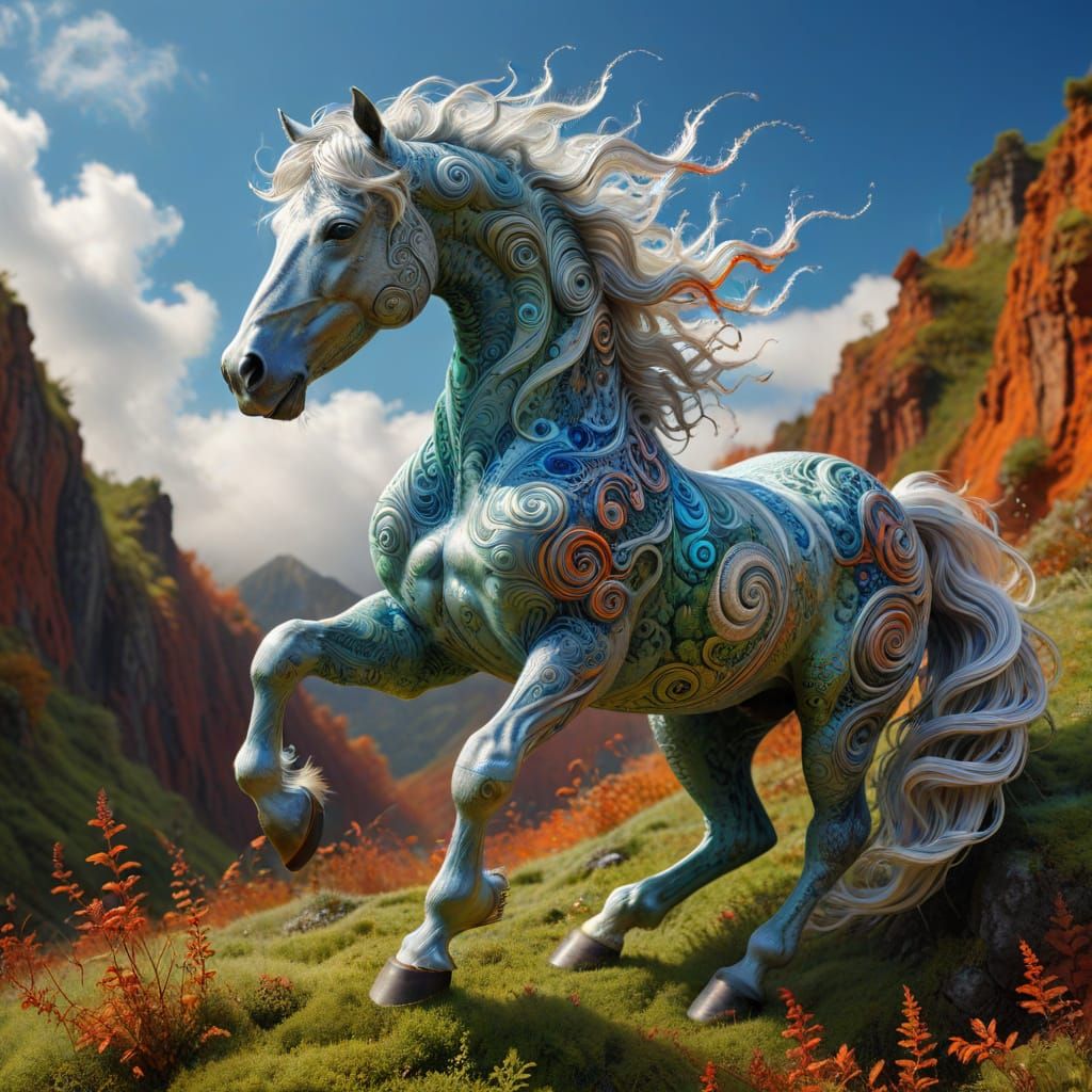 Wild Silver Horse Leaping Over Abstract Landscape