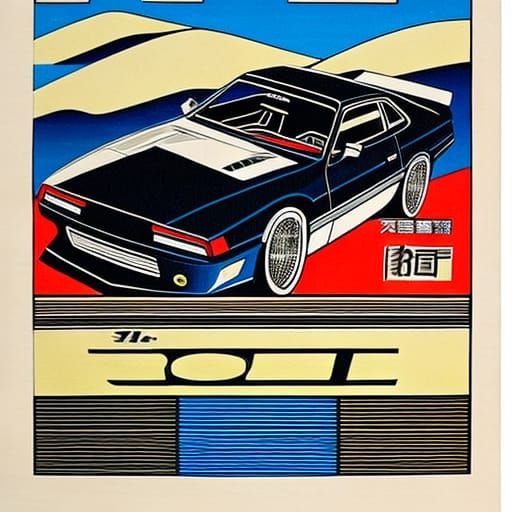 Car in Woodblock Print Style, Initial D Inspired
