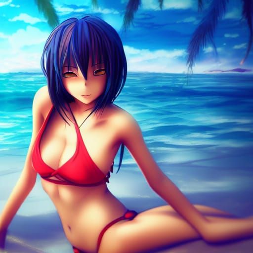 Anime Girls on Beach in Blue Bikinis