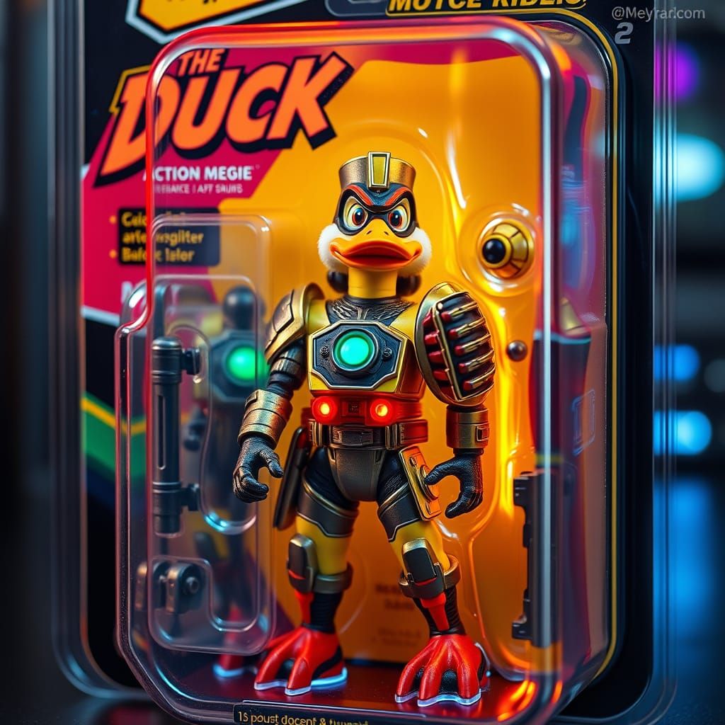 Rugged Duck Action Hero in Cyberpunk Gear