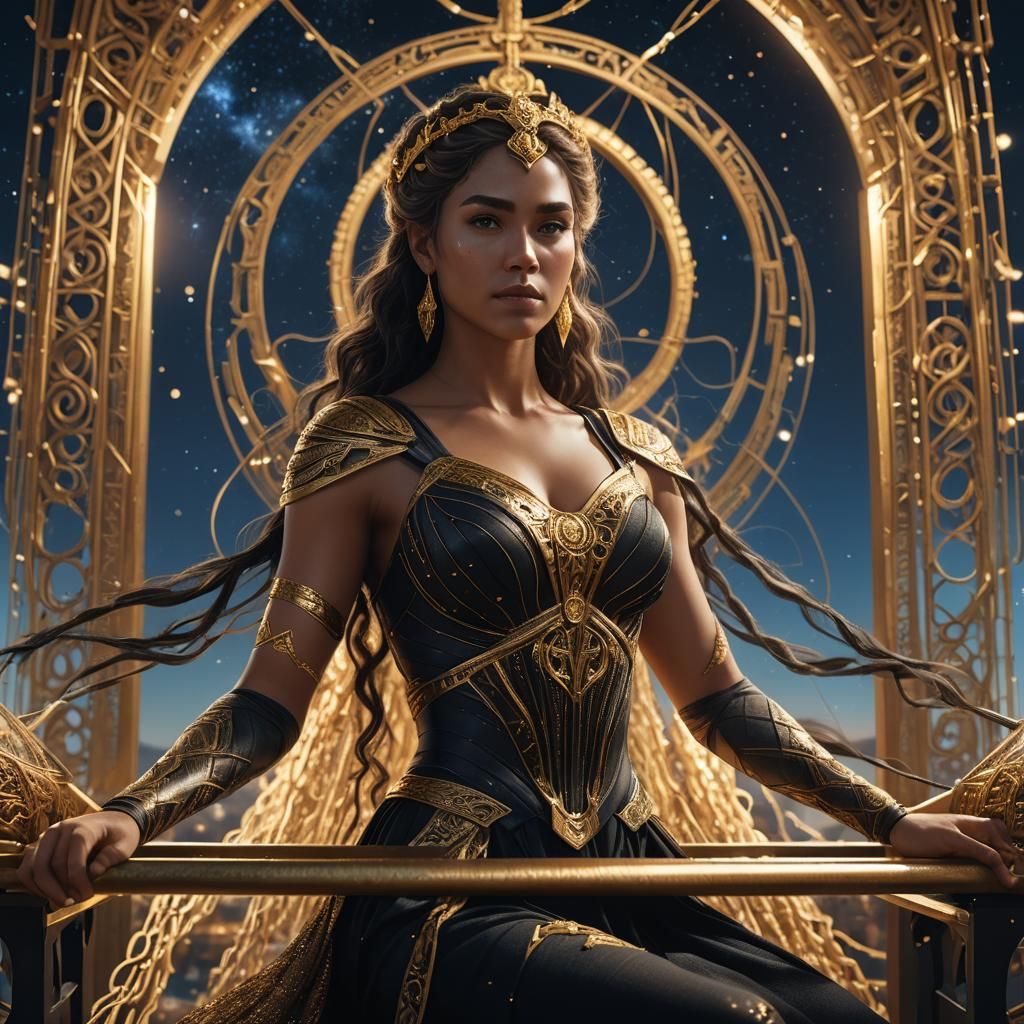 Goddess at Loom in Cyberpunk Cityscape