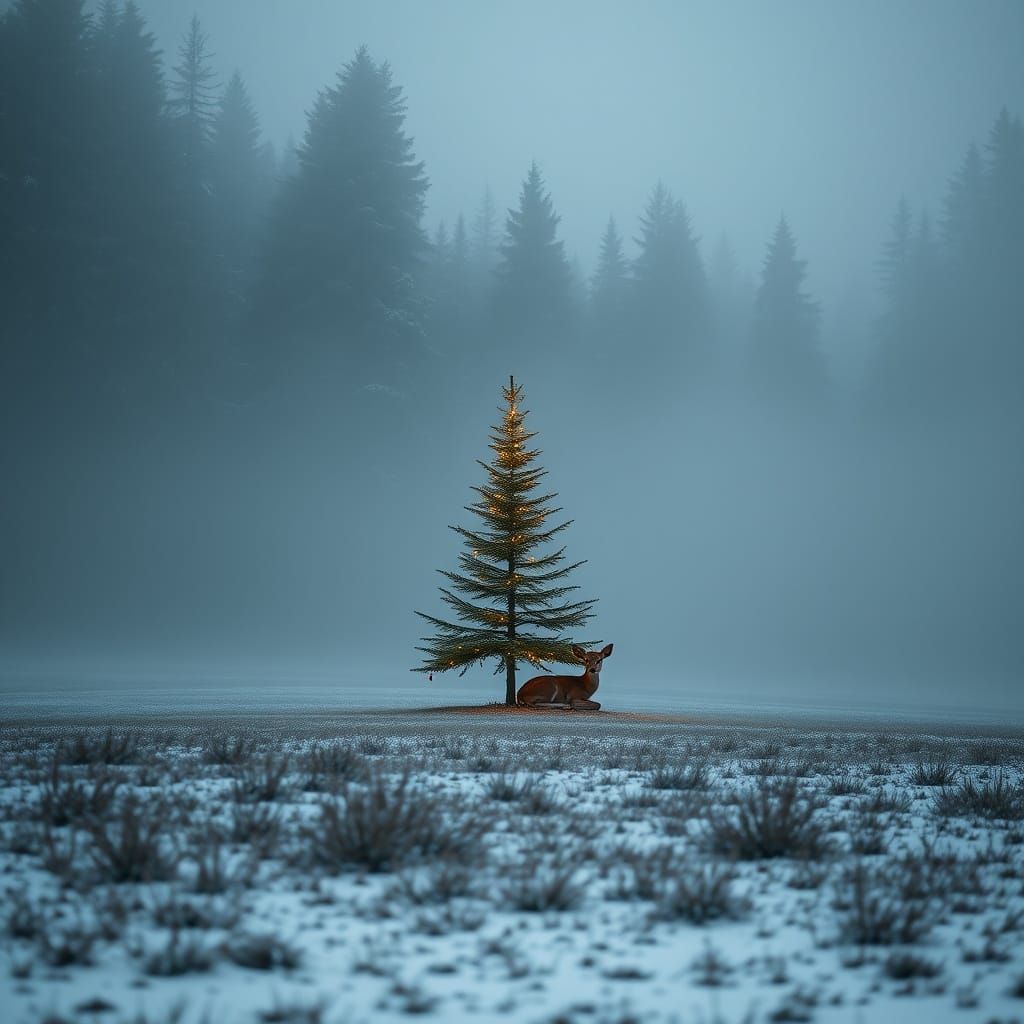 Winter Forest Clearing with Christmas Tree and Fawn