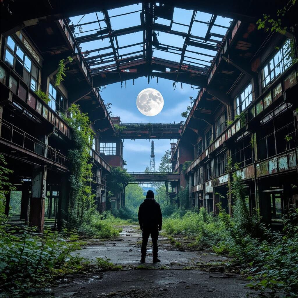 Urban Explorer in Abandoned Nuclear Factory Under Full Moon