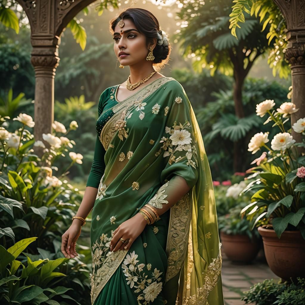 Organza Saree in Lavish Garden, Mughal Style