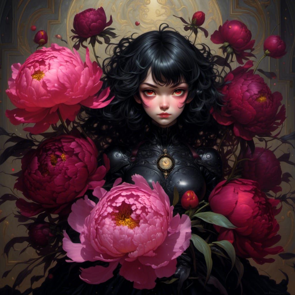 Dark Peonies Bouquet Still Life, Digital Illustration