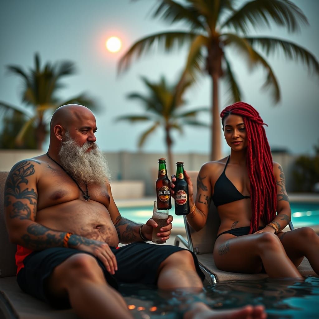 Gritty Late Evening Portrait of Tattooed Couple by Hot Tub