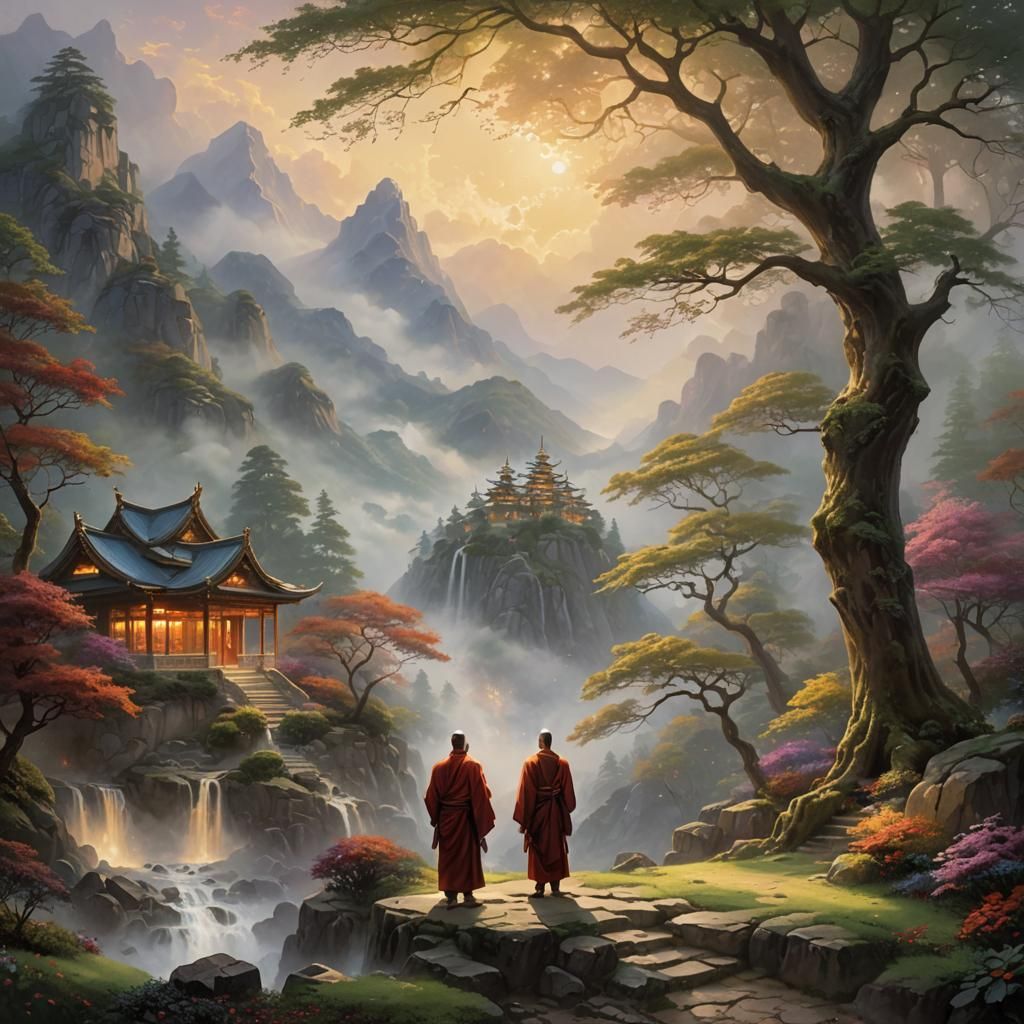 Ethereal Monks Teaching Enlightenment in Fantasy Landscape