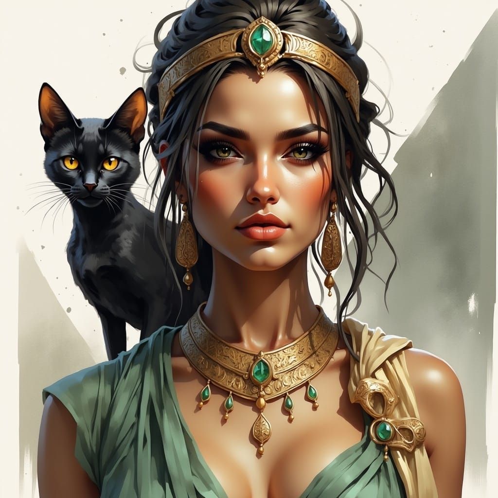 Egyptian Woman in Watercolor with Cat and Pyramids