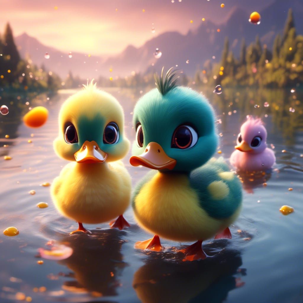 Adorable Cartoon Ducklings in Sunset Lake, CGI Style