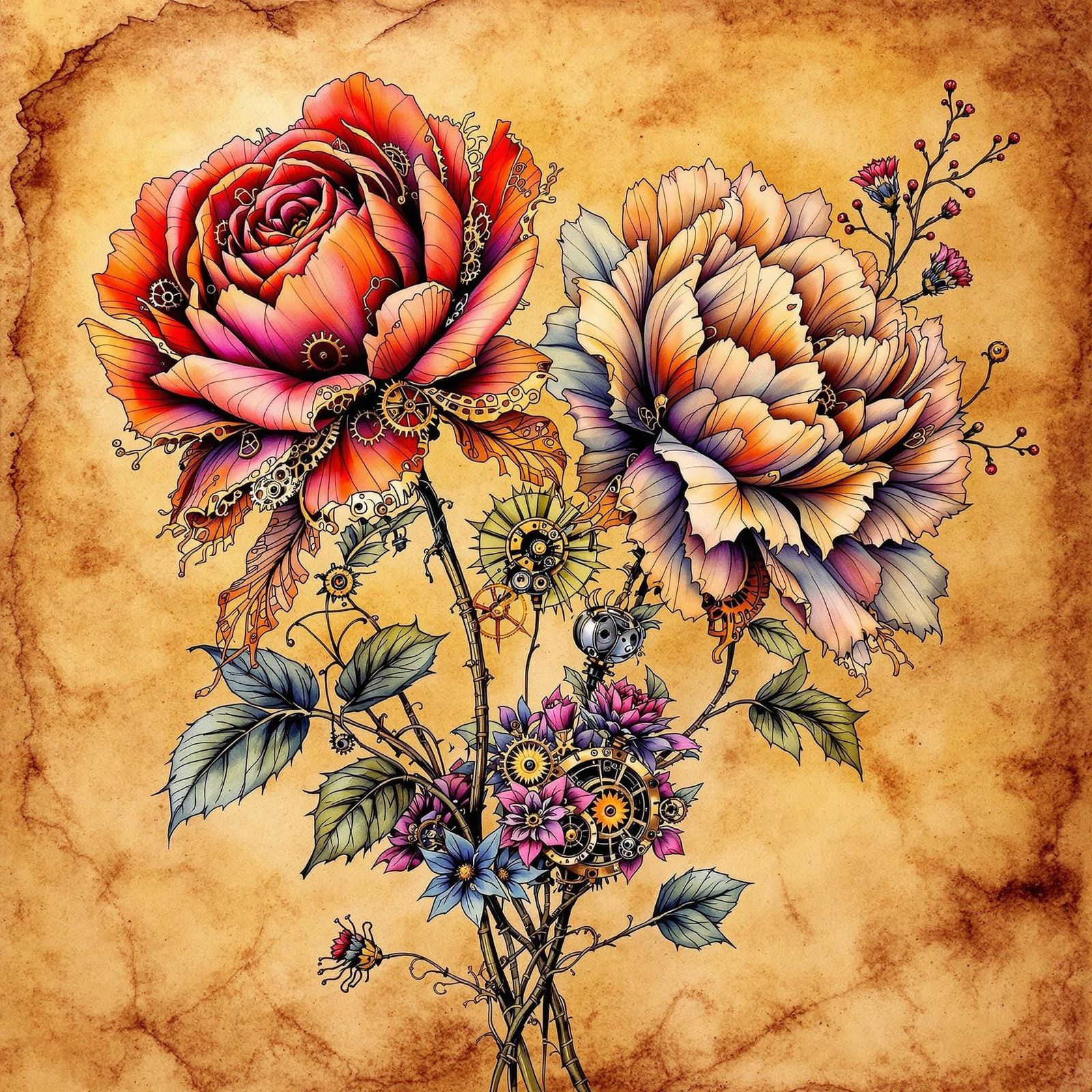 Vibrant Steampunk Botanicals in Copper and Leather