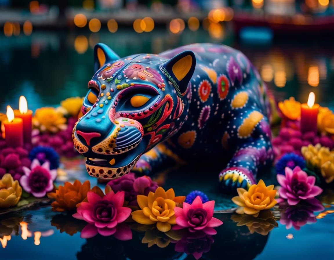 Mexican Alebrije Jaguar in Magical Lake Scene