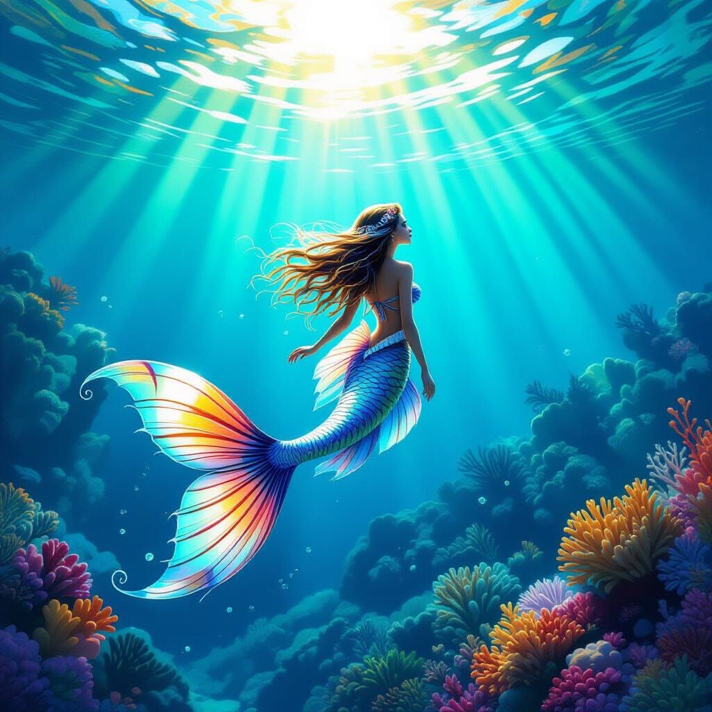 Lionfish Mermaid in Bioluminescent Coral Reef