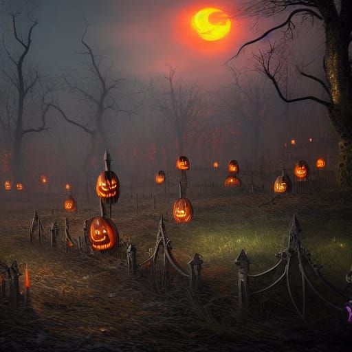 Scary Halloween Graveyard in Detailed Matte Painting Style