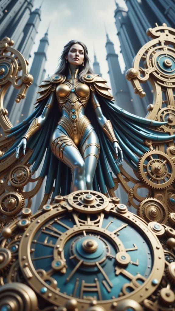 Ethereal Brass Goddess Above Futuristic City