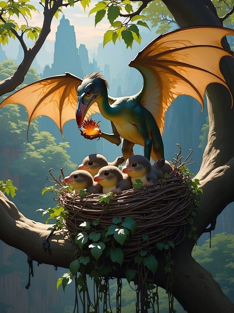 Pterodactyl Mother Feeds Adorable Babies in Art Nouveau Nest
