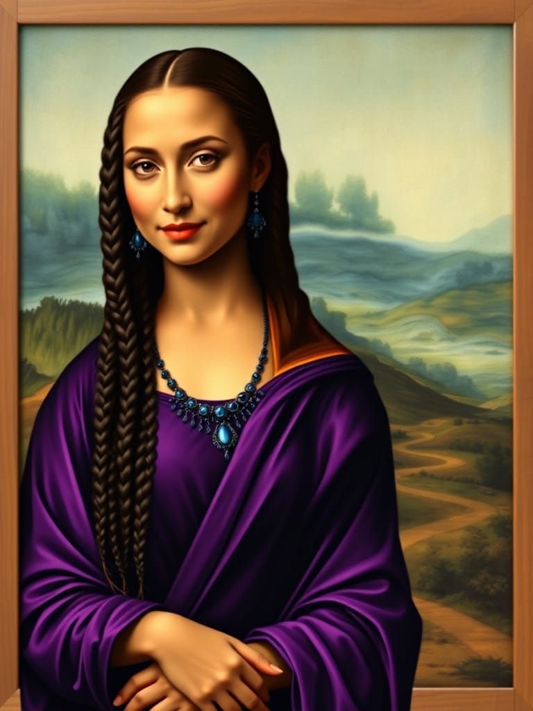 Modern Mona Lisa with Braids in Royal Purple Dress