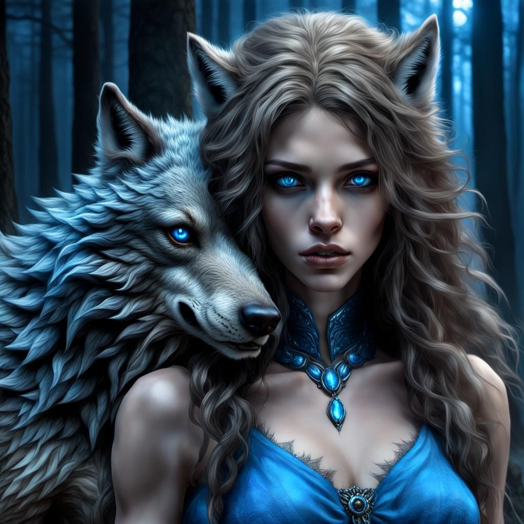 Hyperrealistic Werewolf Woman with Glowing Eyes
