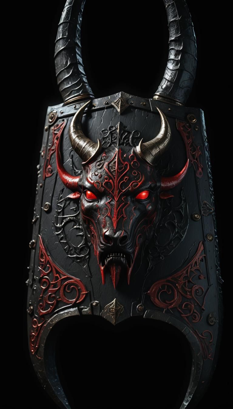 Intricate Horned Shield in Dark Fantasy Style