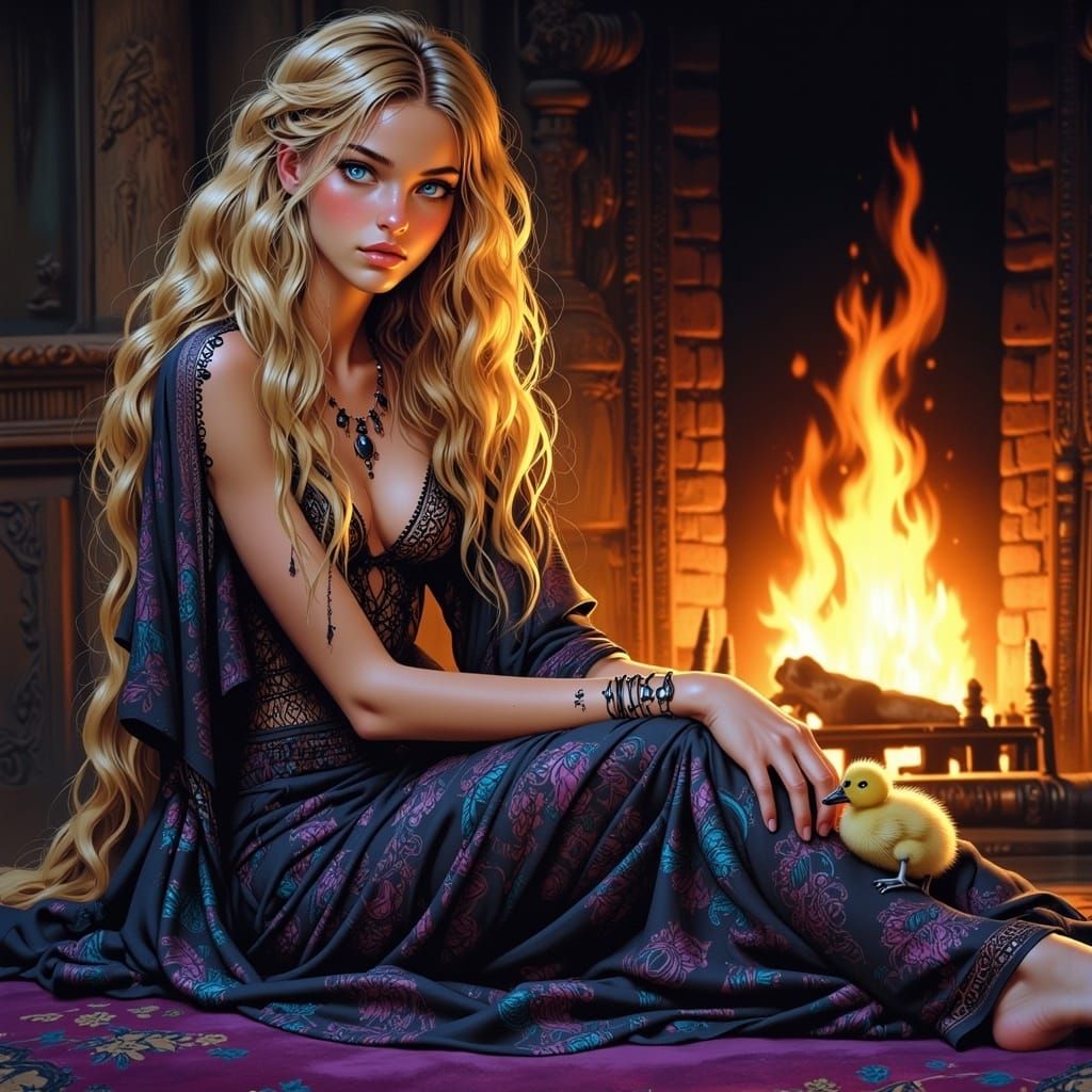 Enchanted Woman with Duckling by Fireplace