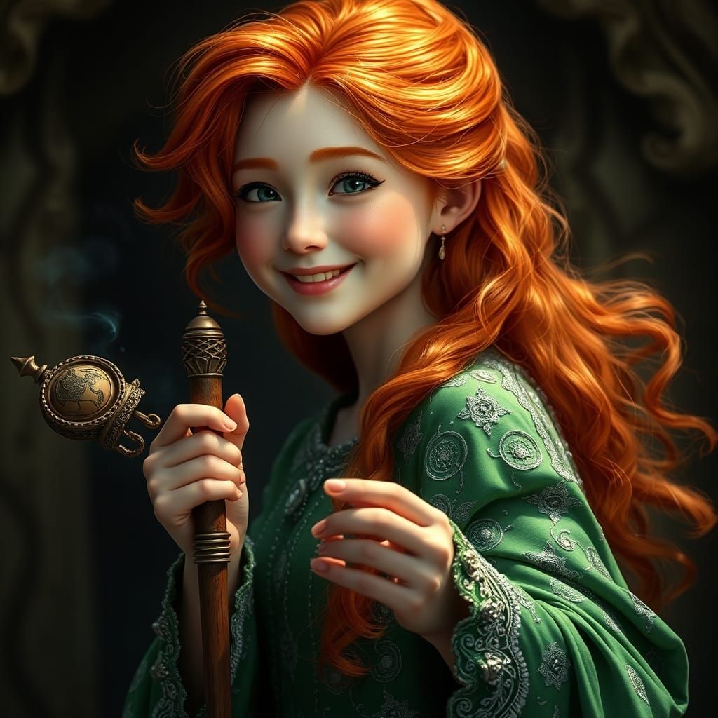 Redhead Witch Casting Spell in Dreamlike Fantasy Art