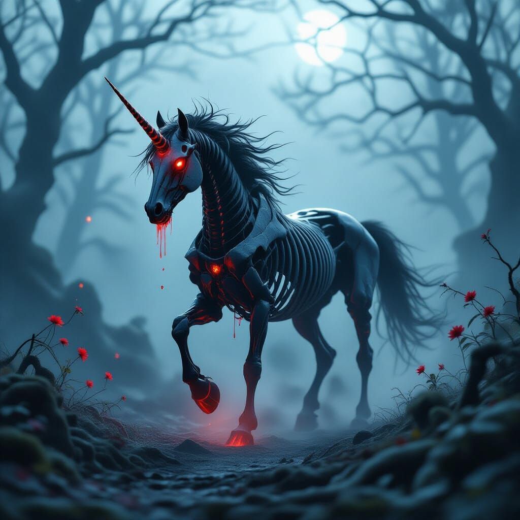 Skeletal Unicorn Emerges from Cursed Forest Mist