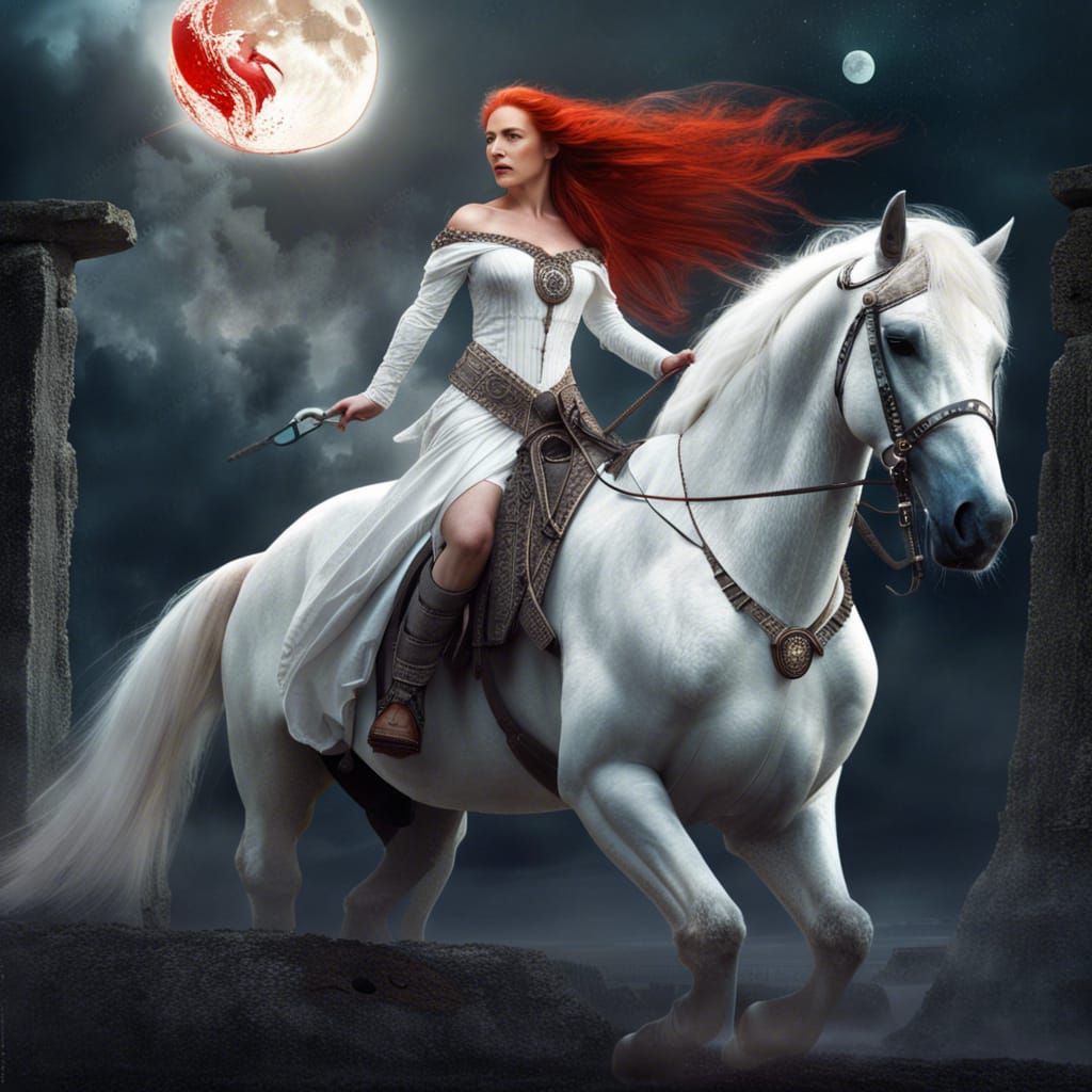 Celtic Princess on White Horse Near Stonehenge
