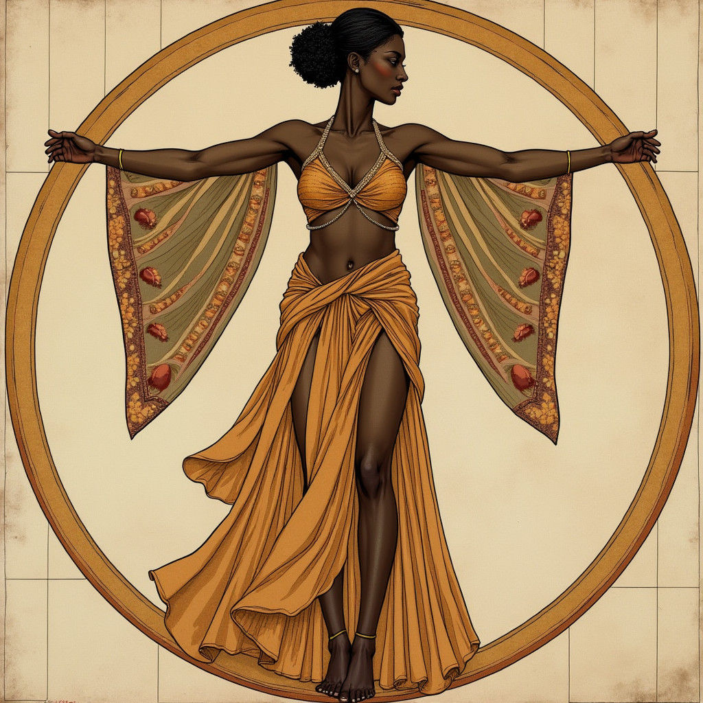 Dark-Skinned Vitruvian Woman in Geometric Harmony