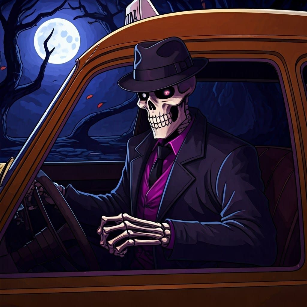 Skeleton Taxi Driver in Manga Anime Style