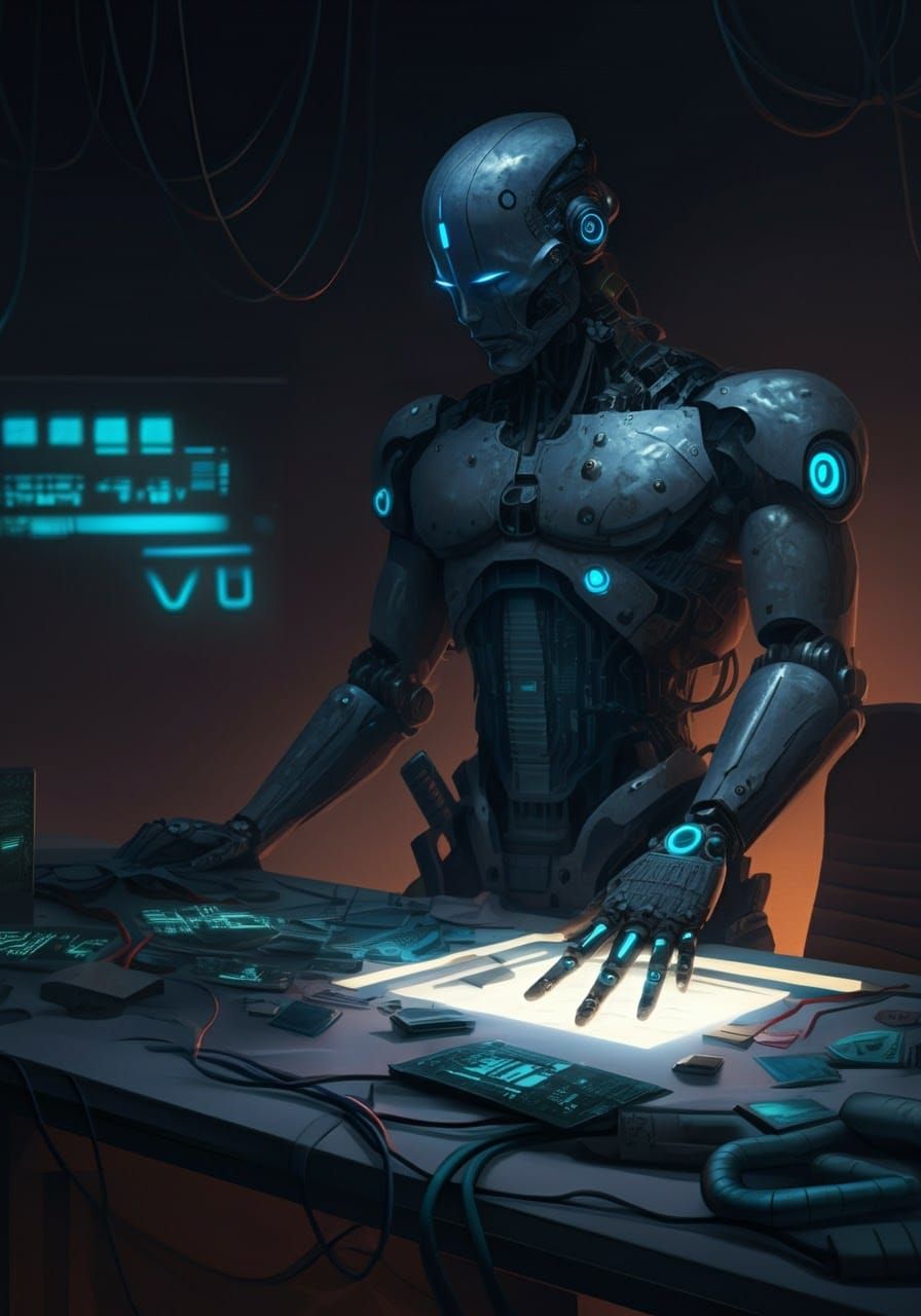 Futuristic Samurai Android Illuminates Desk