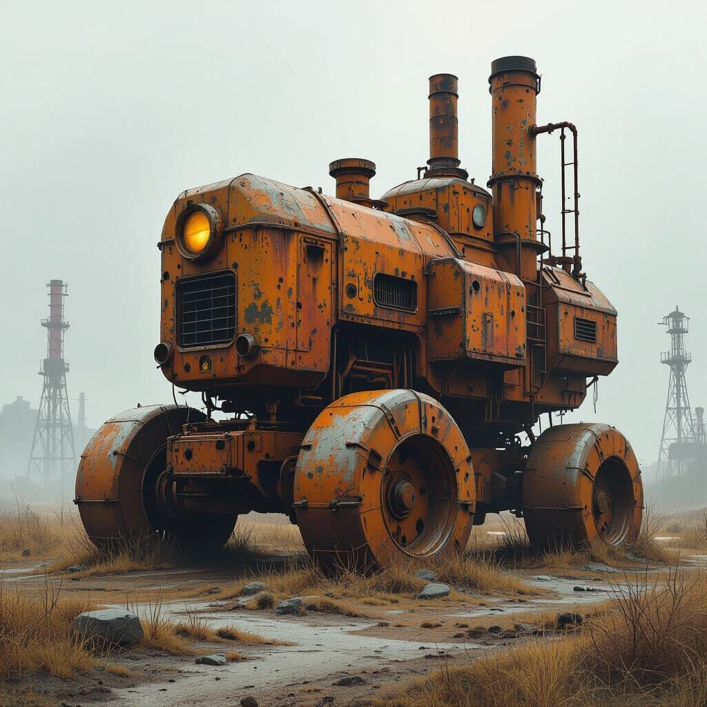 Rusty Metal Machinery in Dystopian Industrial Landscape