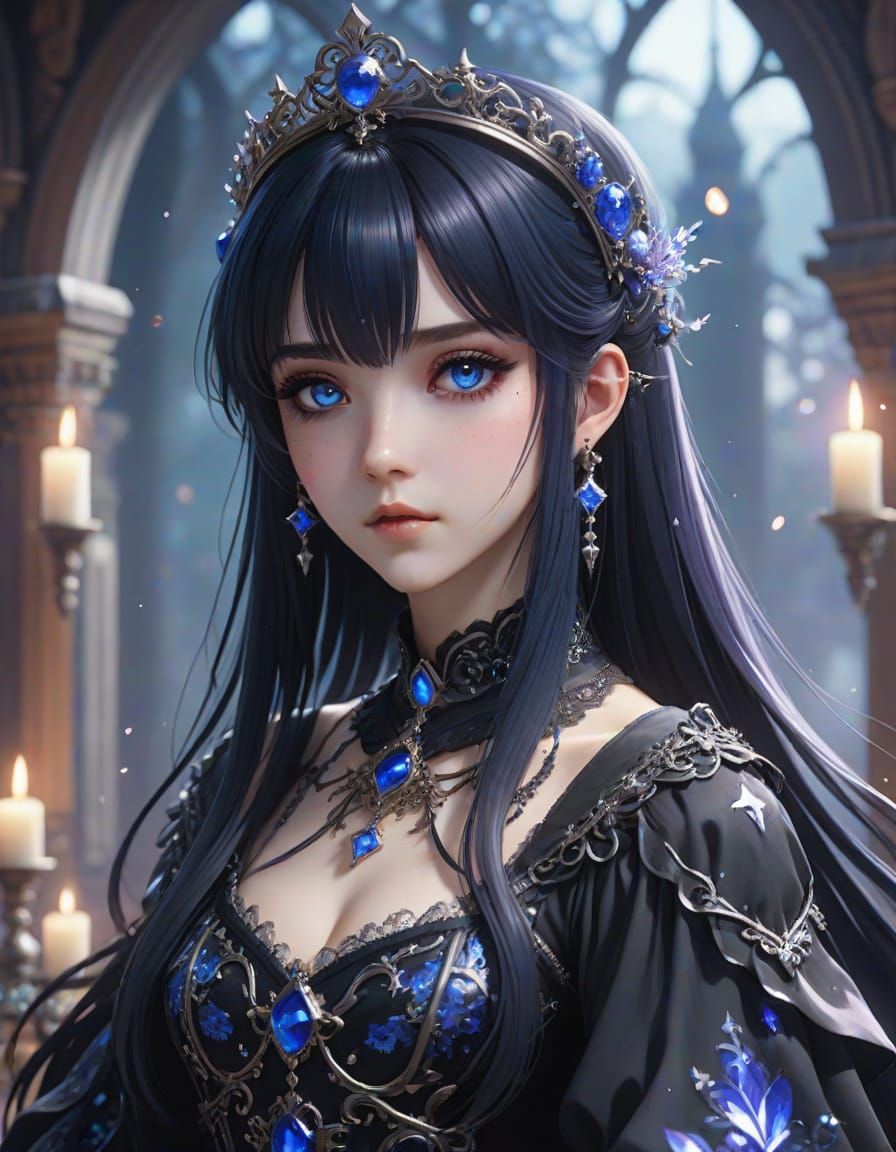 Gothic Sapphire Princess in Dreamy Watercolor Style