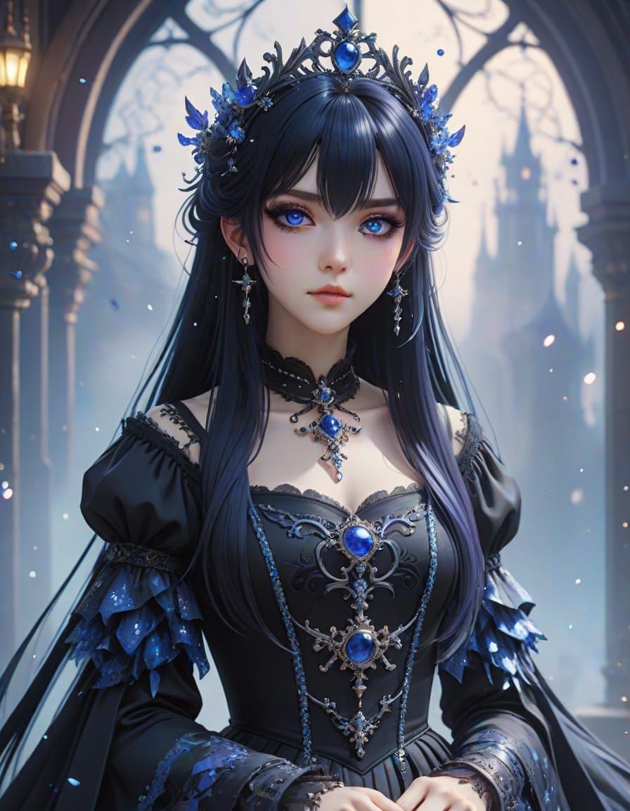 Gothic Sapphire Princess in Watercolor Splash Art Style