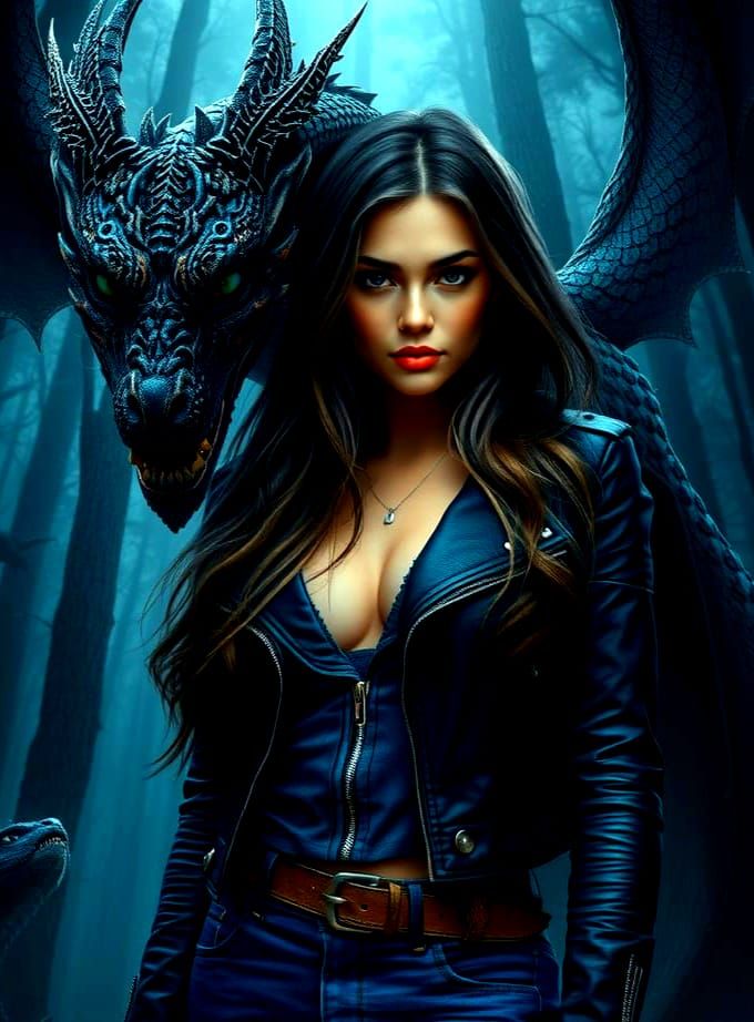 Mystical Forest Sorceress and Dragon at Midnight