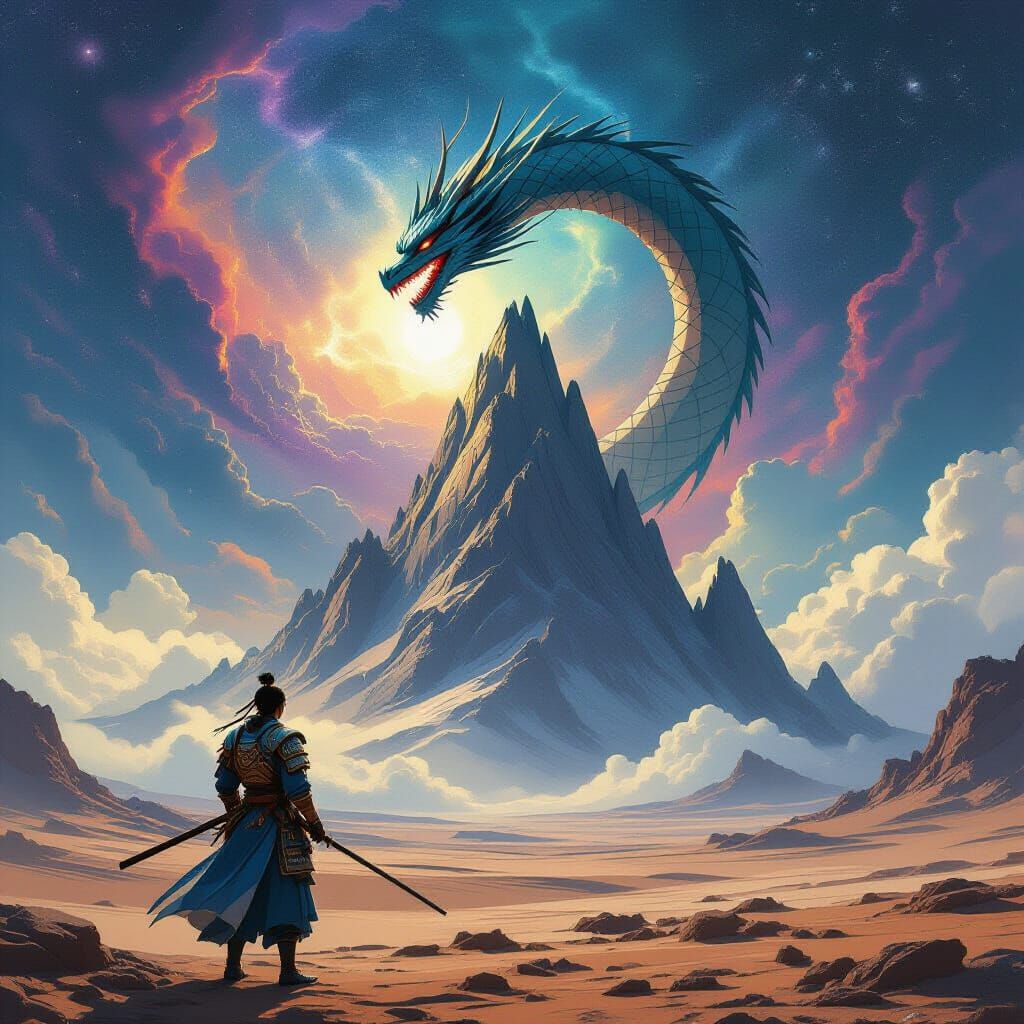 Samurai and Origami Dragon on Alien Planet