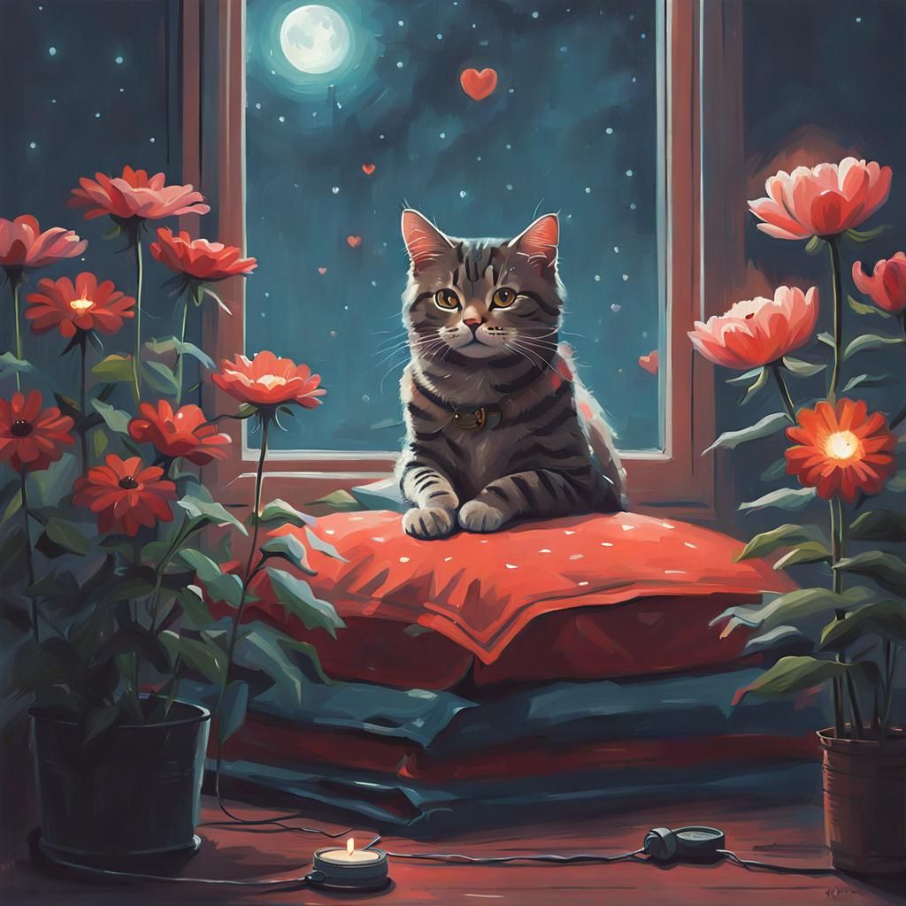 Cat on Pillow Surrounded by Flowers in Retro-Futurism