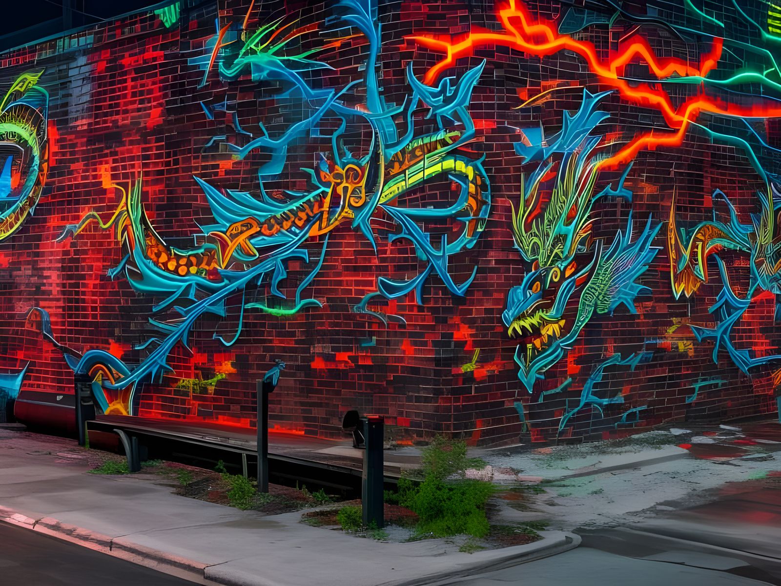 Cyberpunk Dragon Graffiti Art in Chinatown