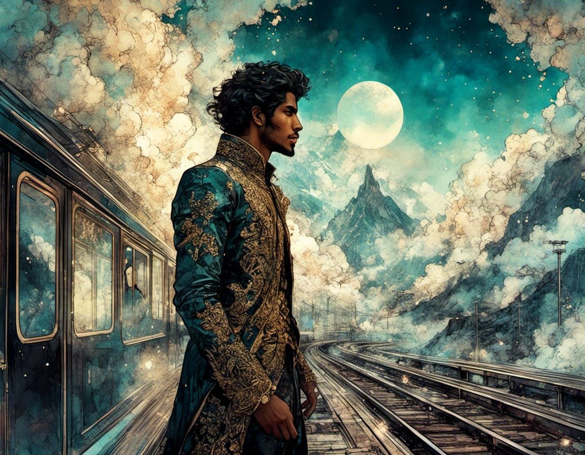 Moebius Style Illustration of Man on Train Platform