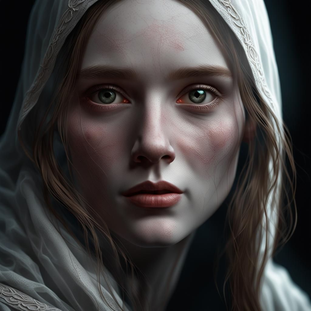 Haunting Portrait of Pale Woman in Dark Fantasy Style