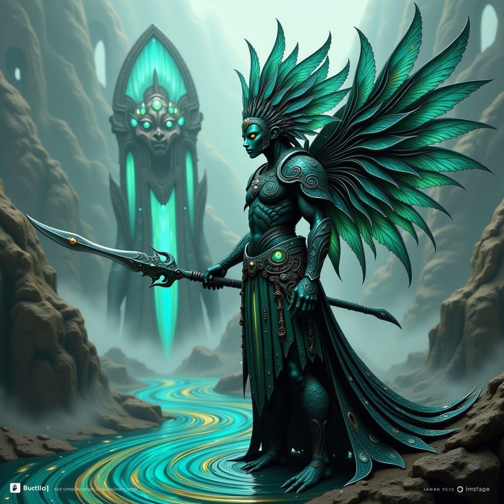 Mystical Quetzalcóatl Warrior in Turquoise and Emerald Armor