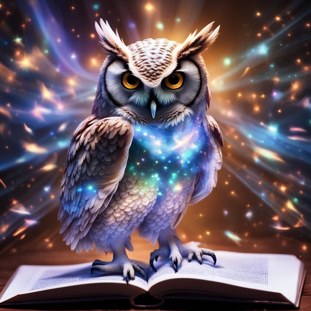 Holographic Owl Projected from Book in Digital Illustration