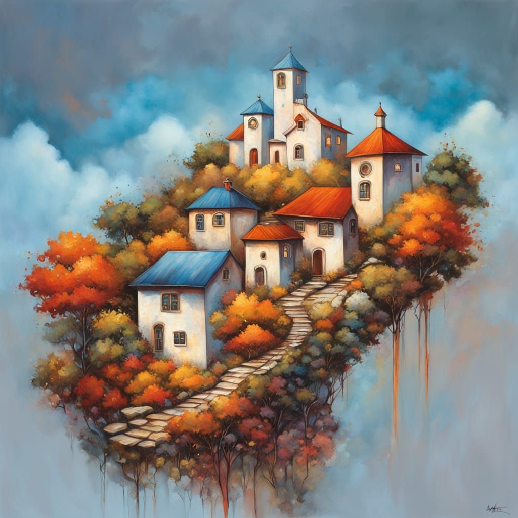 Surreal Hillside Village with Colorful Houses and Dreamy Sky