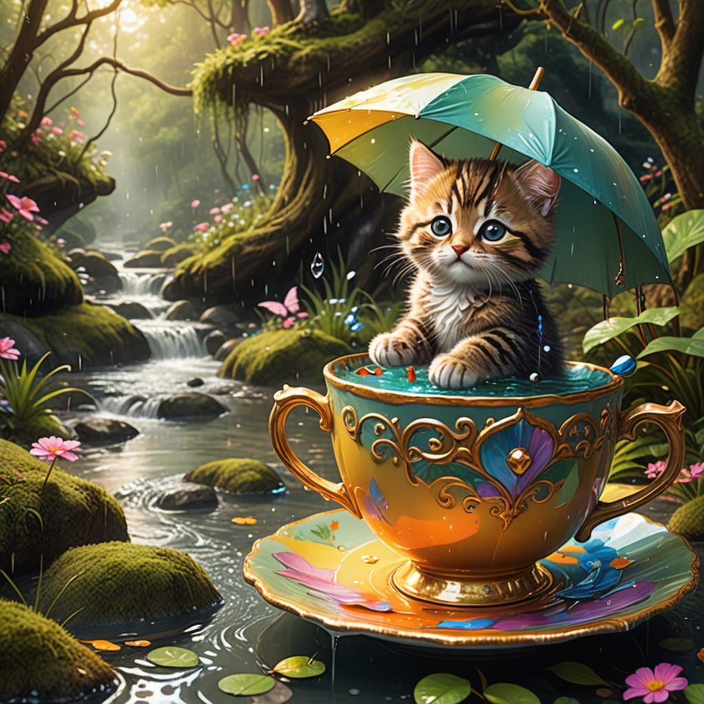 Cute Kitten in Teacup in Enchanted Forest