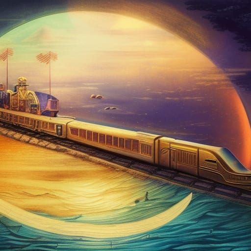 Golden Train Journey Through a Glowing Sea