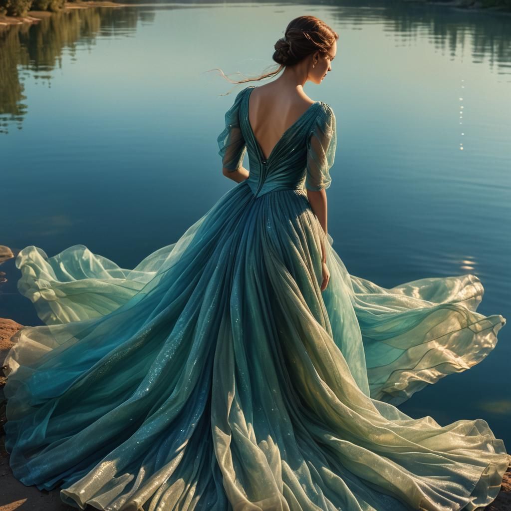 Woman in Flowing Gown Watches Lake: Hyperrealistic Art
