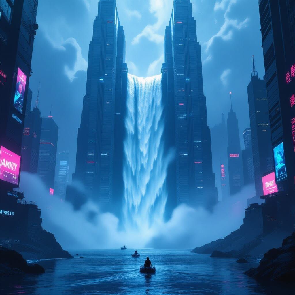 Cyberpunk Waterfall Cityscape with Holographic Illumination