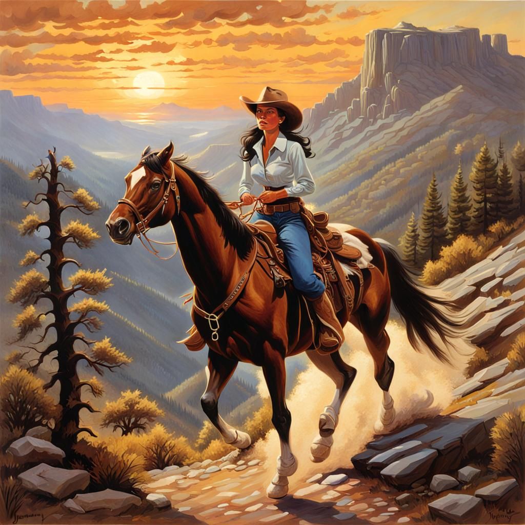 Cowgirl on Horseback at Sunset, Oil Painting